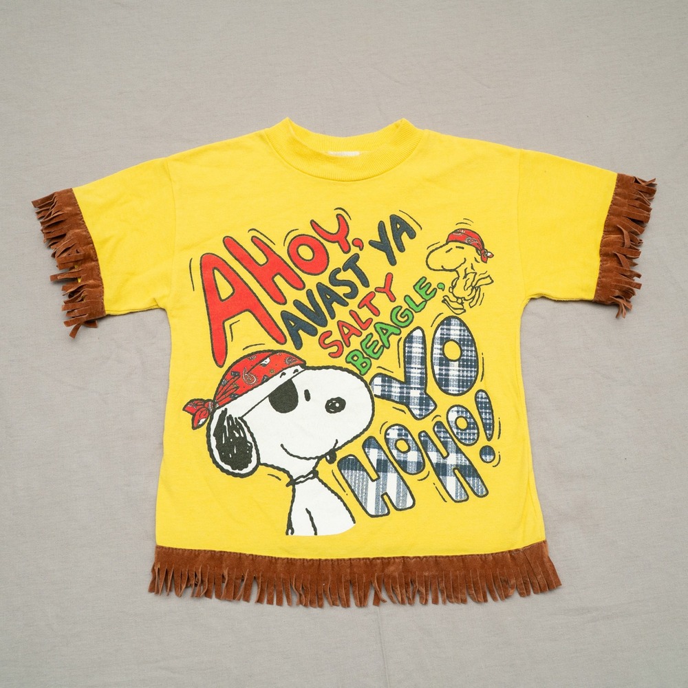 Vtg Peanuts‎ Snoopy Pirate Ahoy Salty Beagle Custom Fringe T Shirt Youth